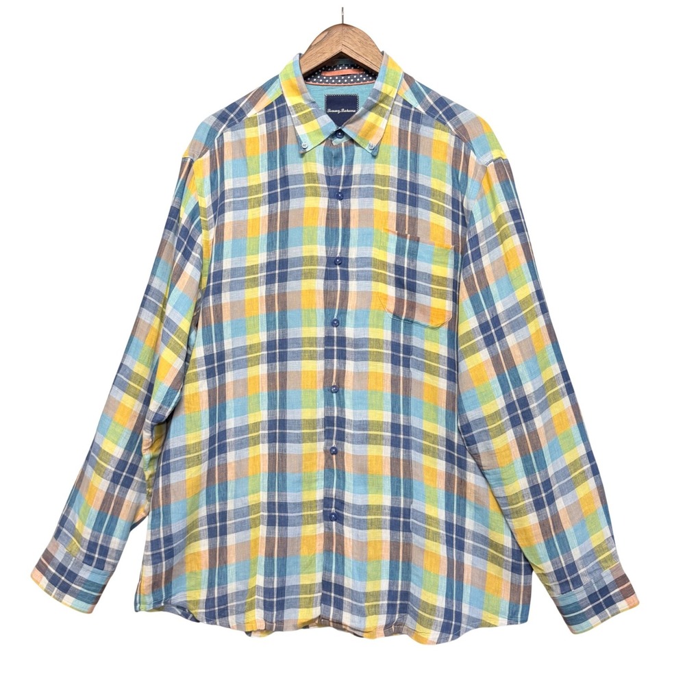 Tommy Bahama Button Up Shirt Mens L‎ Multicolor Plaid Linen Long Sleeve Casual